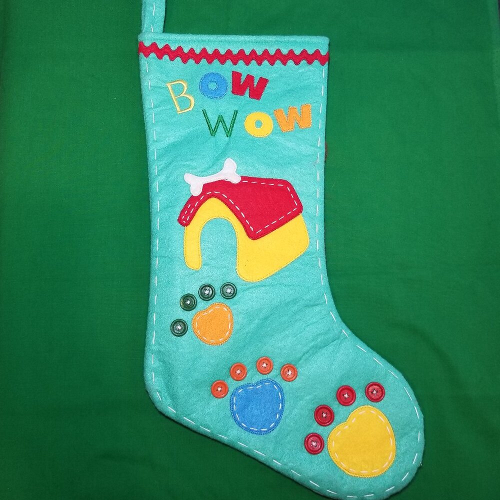 Vintage Dog Christmas Stocking Dog Bone Dog House Stitch Button Retro 2000's